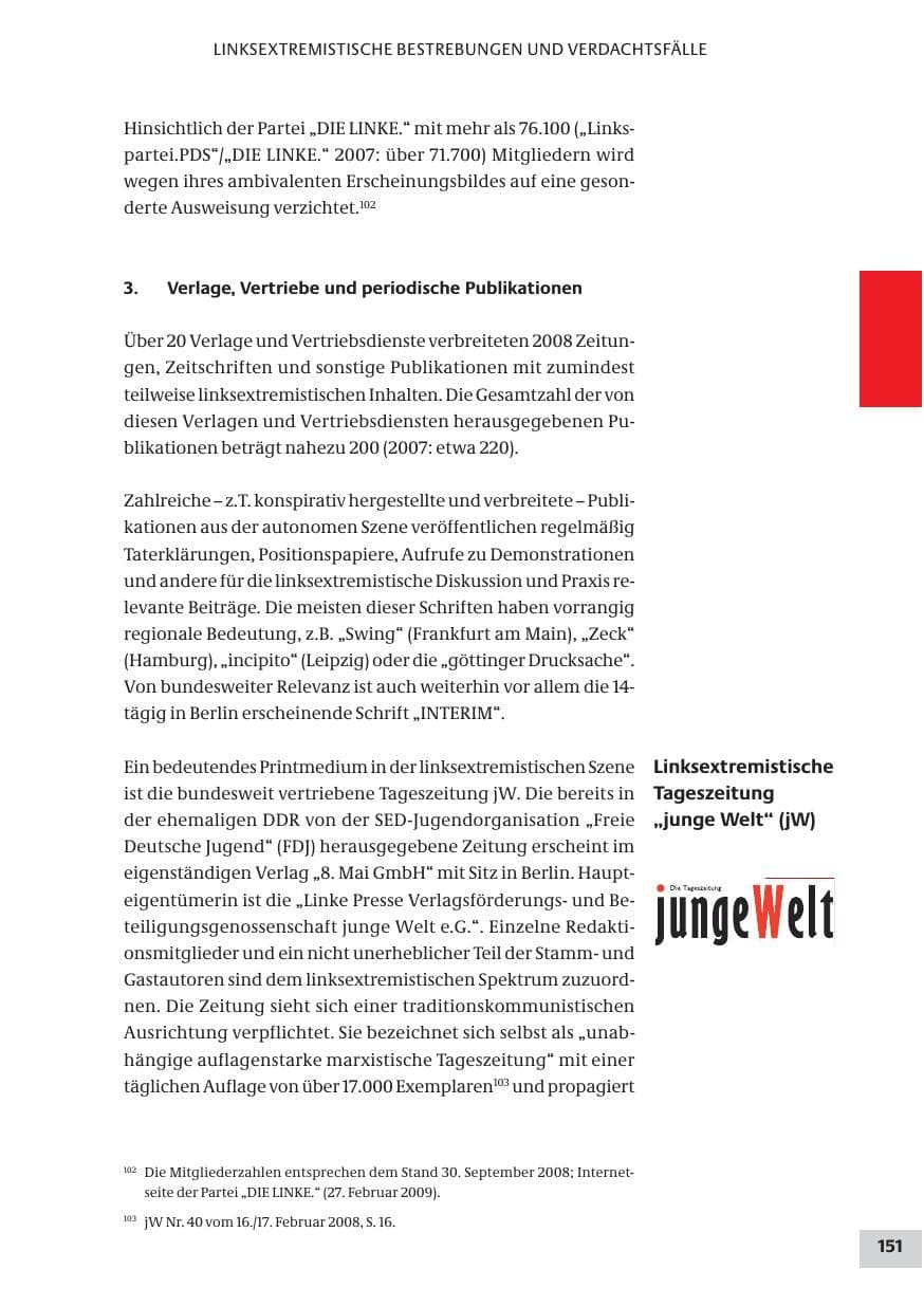 Seite 151 des Verfassungsschutzbericht 2008 Bund