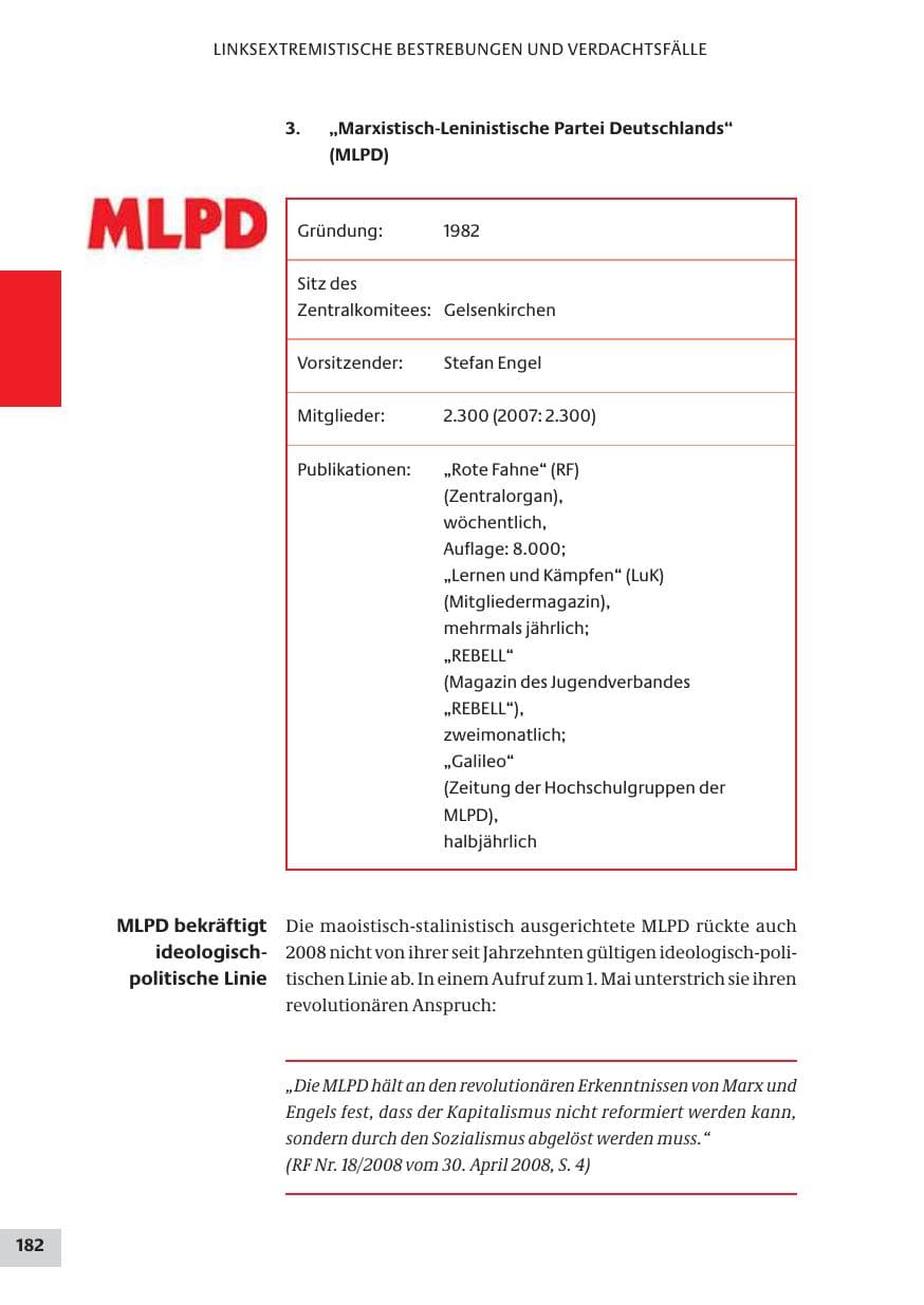 Seite 182 des Verfassungsschutzbericht 2008 Bund