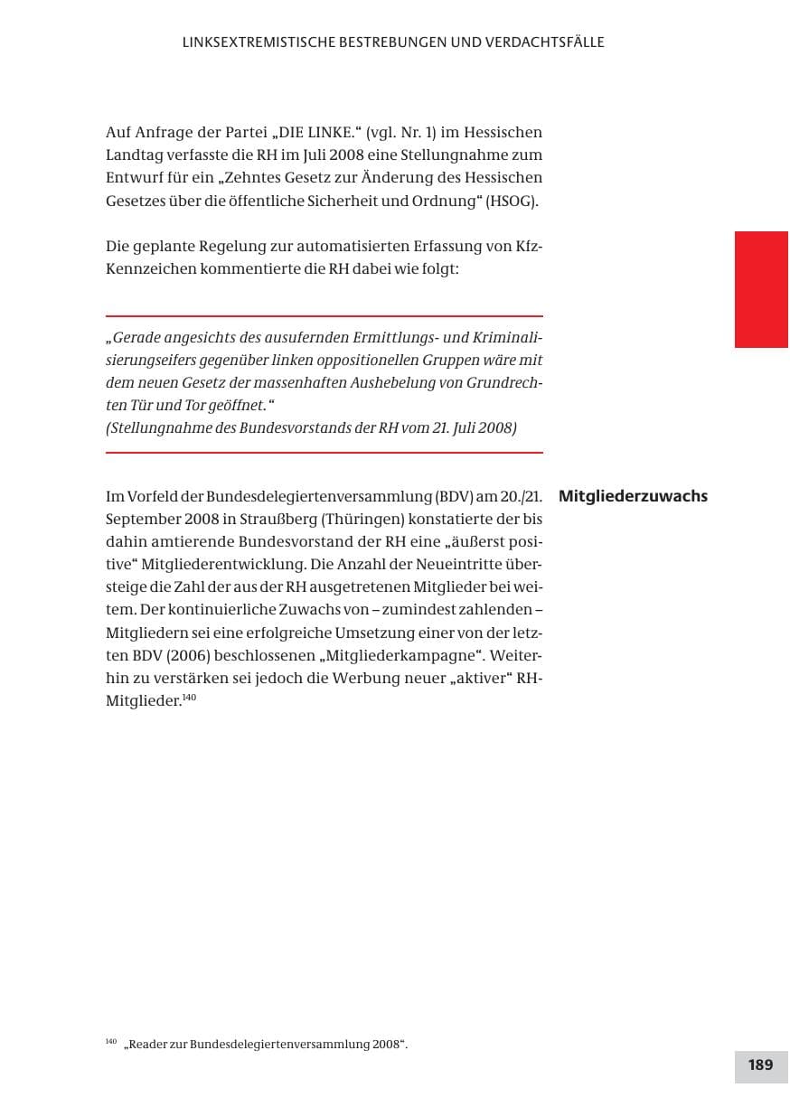 Seite 189 des Verfassungsschutzbericht 2008 Bund
