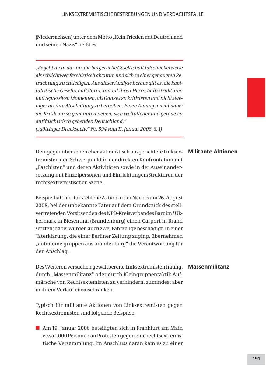 Seite 191 des Verfassungsschutzbericht 2008 Bund