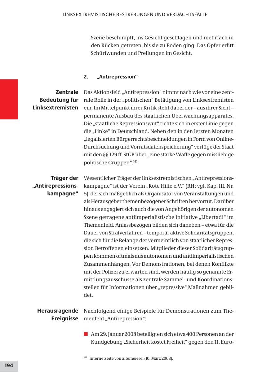 Seite 194 des Verfassungsschutzbericht 2008 Bund