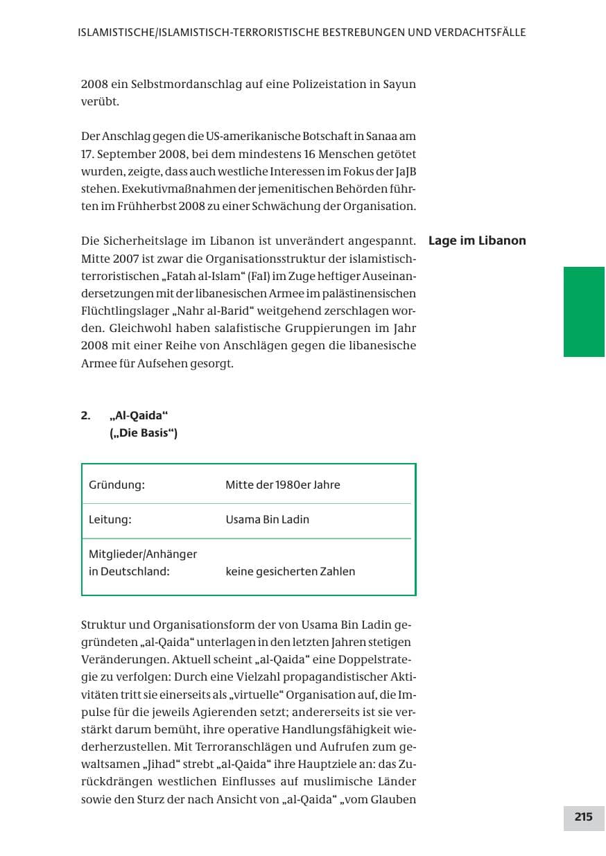 Seite 215 des Verfassungsschutzbericht 2008 Bund