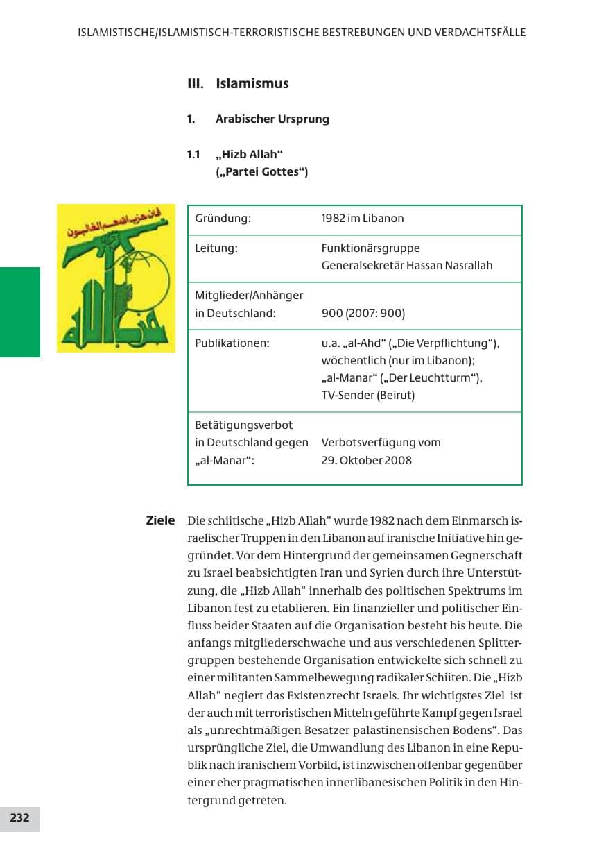 Seite 232 des Verfassungsschutzbericht 2008 Bund
