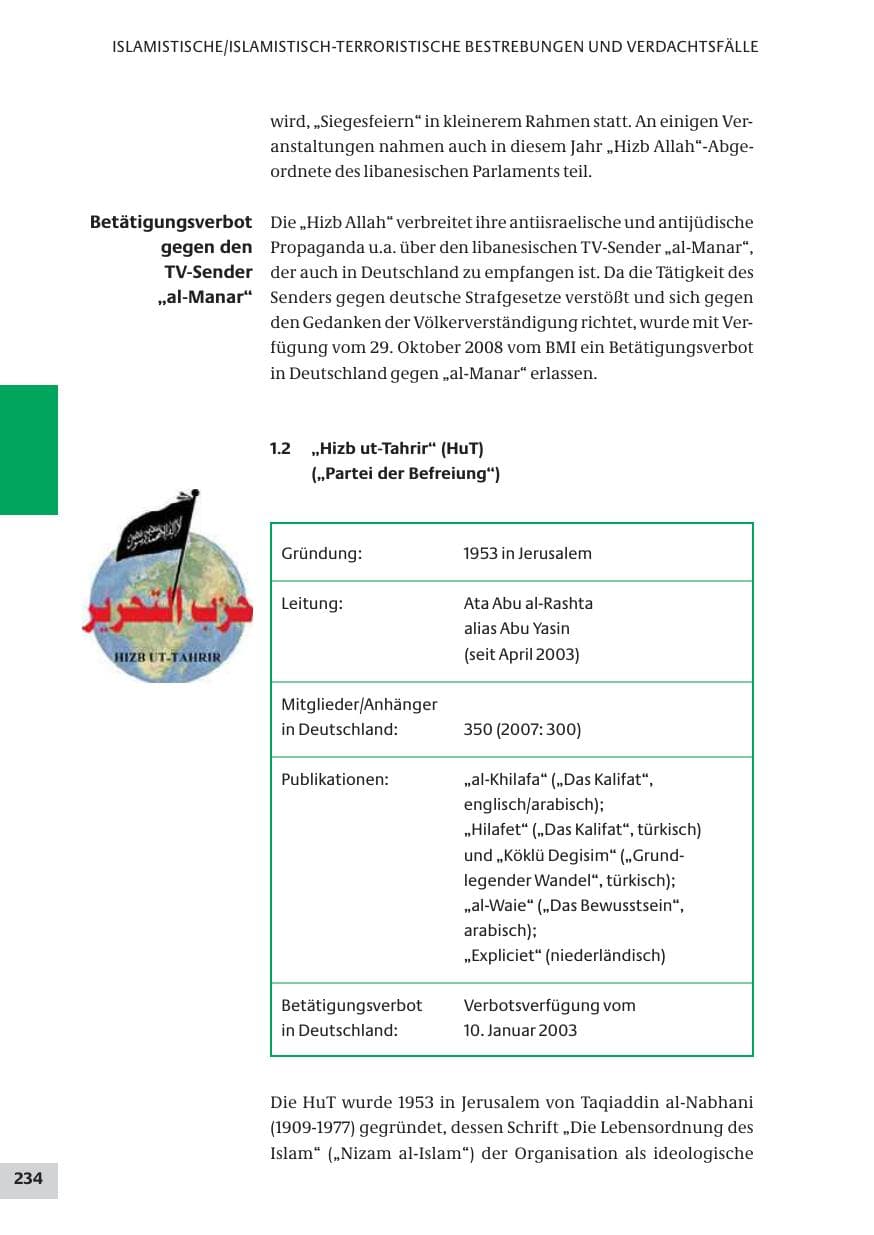 Seite 234 des Verfassungsschutzbericht 2008 Bund
