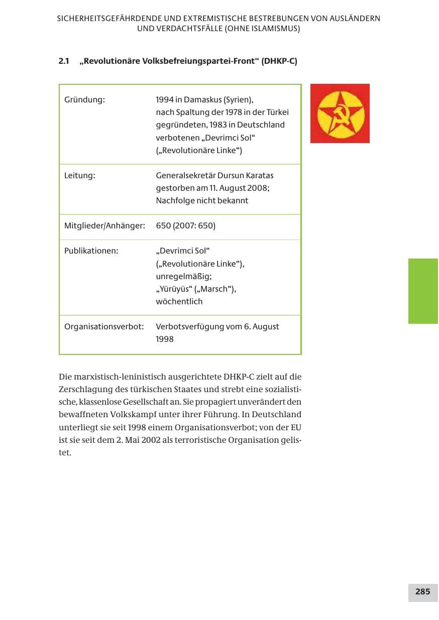 Seite 285 des Verfassungsschutzbericht 2008 Bund