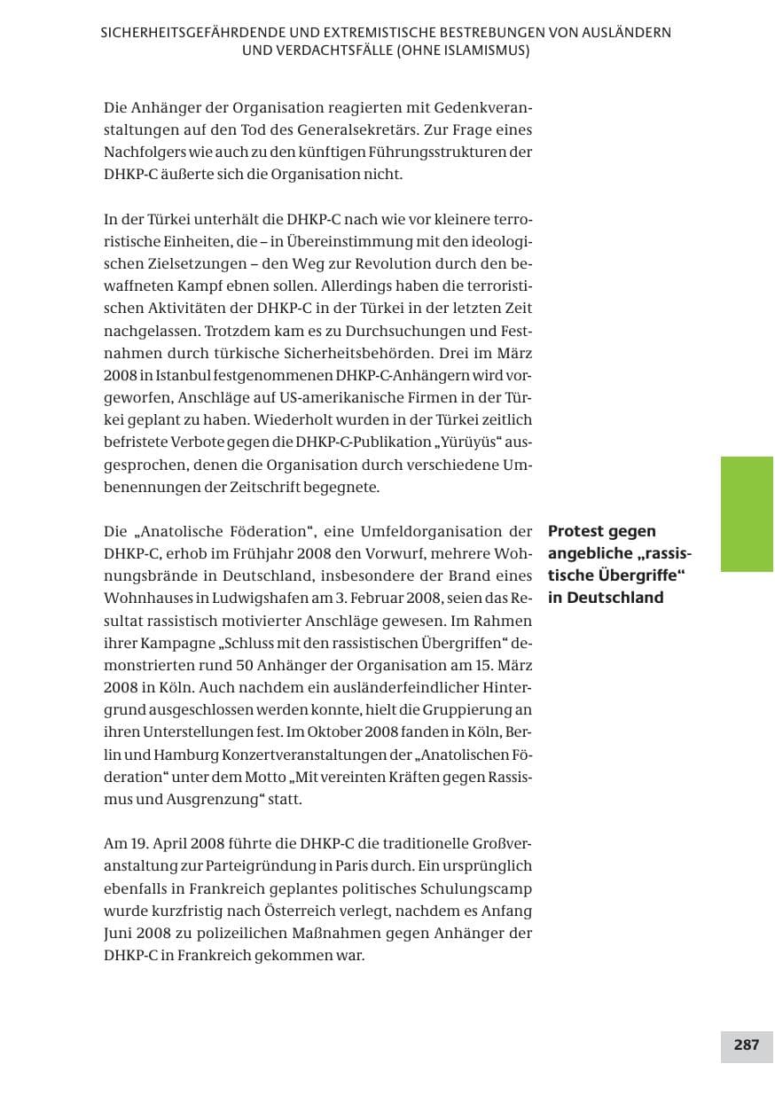 Seite 287 des Verfassungsschutzbericht 2008 Bund