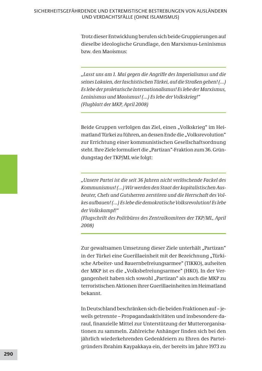 Seite 290 des Verfassungsschutzbericht 2008 Bund