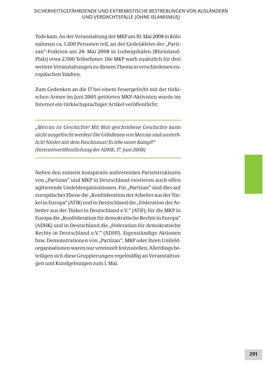 Seite 291 des Verfassungsschutzbericht 2008 Bund