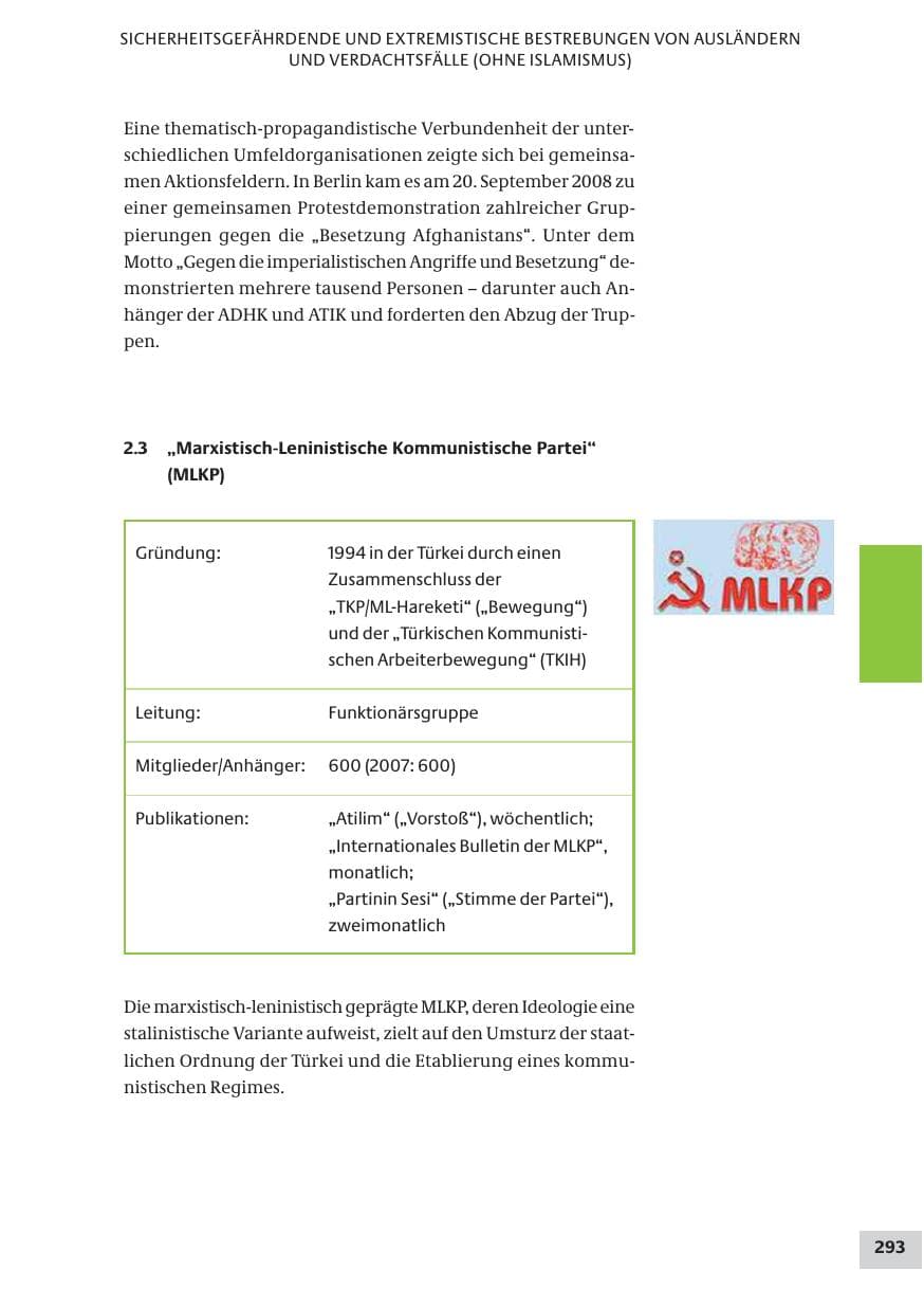 Seite 293 des Verfassungsschutzbericht 2008 Bund