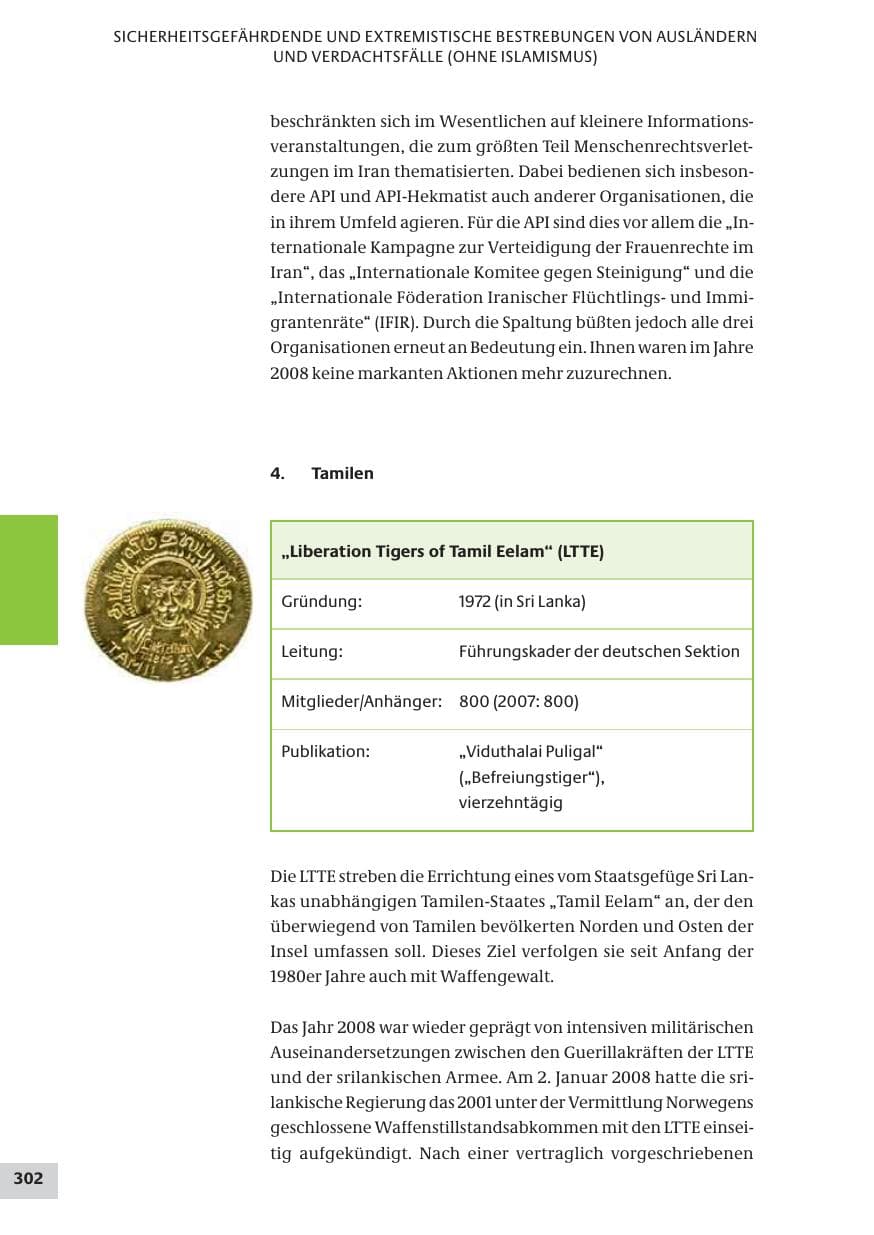 Seite 302 des Verfassungsschutzbericht 2008 Bund