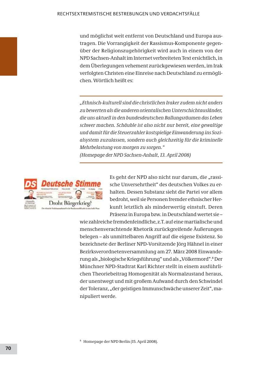 Seite 70 des Verfassungsschutzbericht 2008 Bund