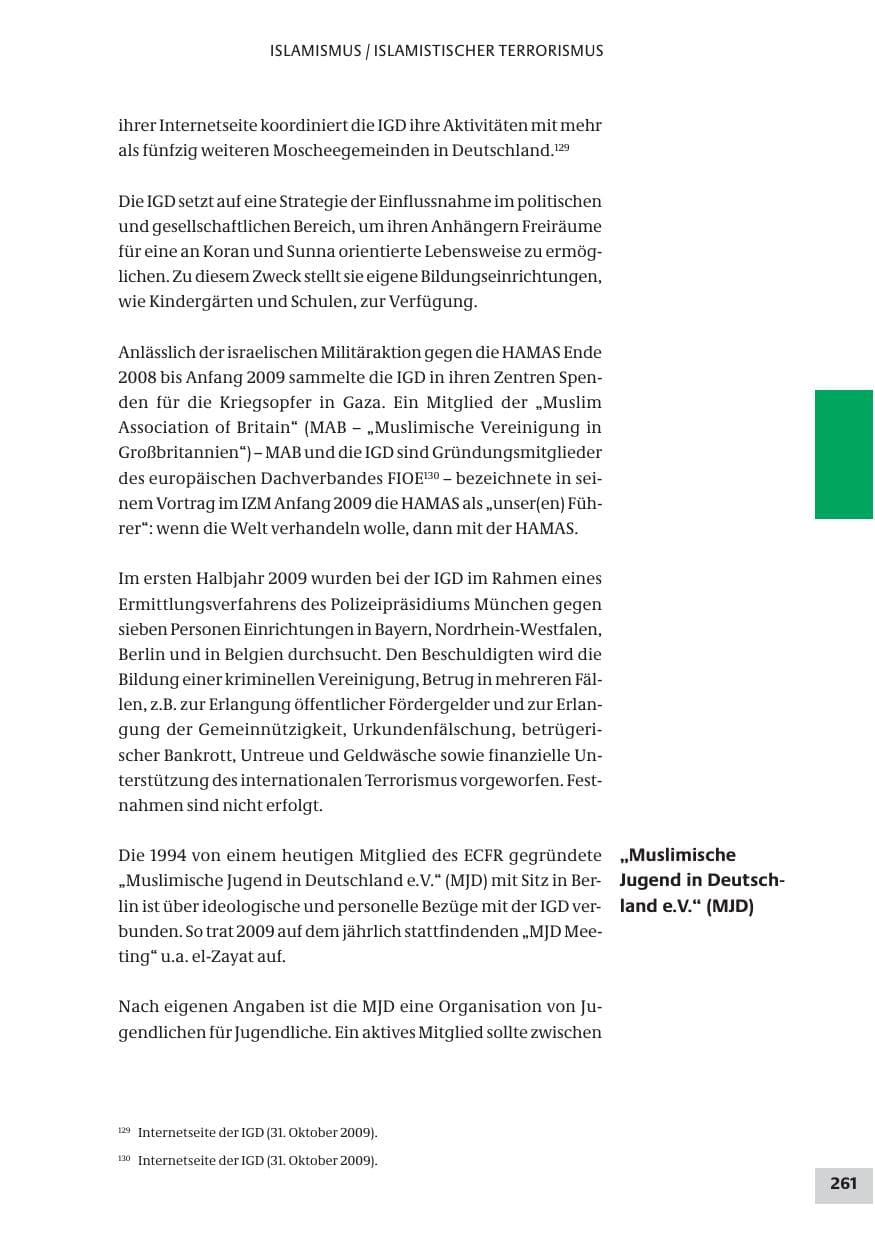 Seite 261 des Verfassungsschutzbericht 2009 Bund