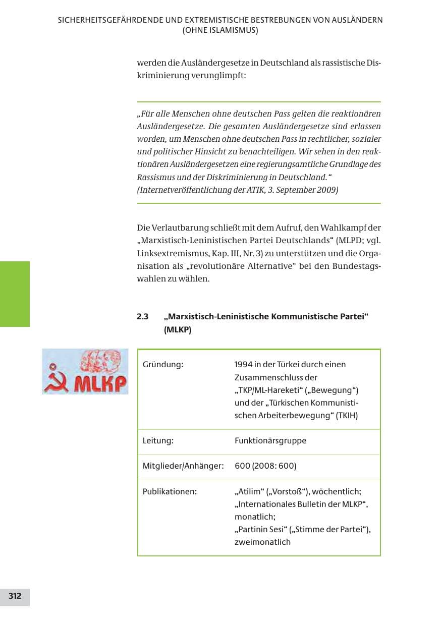 Seite 312 des Verfassungsschutzbericht 2009 Bund