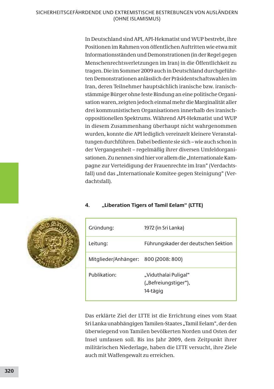 Seite 320 des Verfassungsschutzbericht 2009 Bund