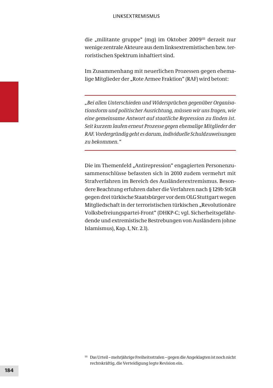 Seite 184 des Verfassungsschutzbericht 2010 Bund