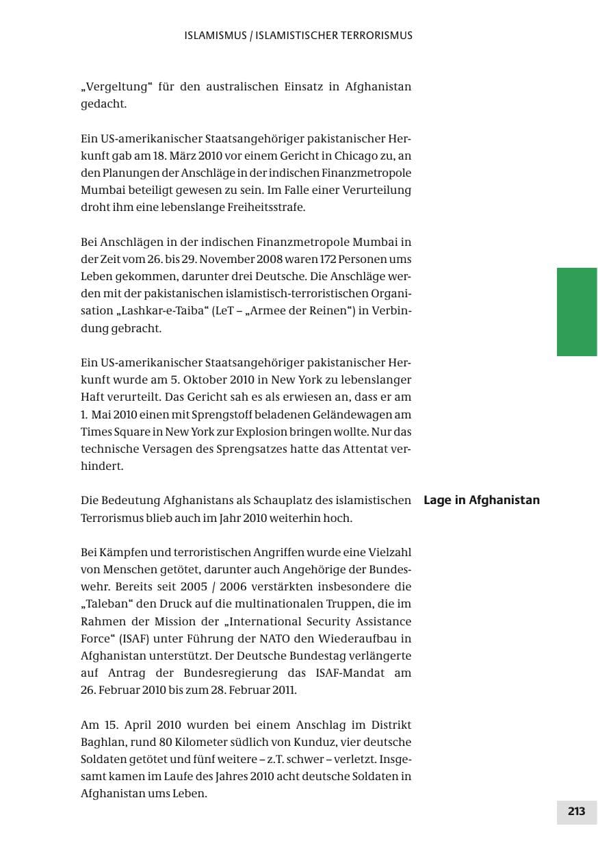 Seite 213 des Verfassungsschutzbericht 2010 Bund