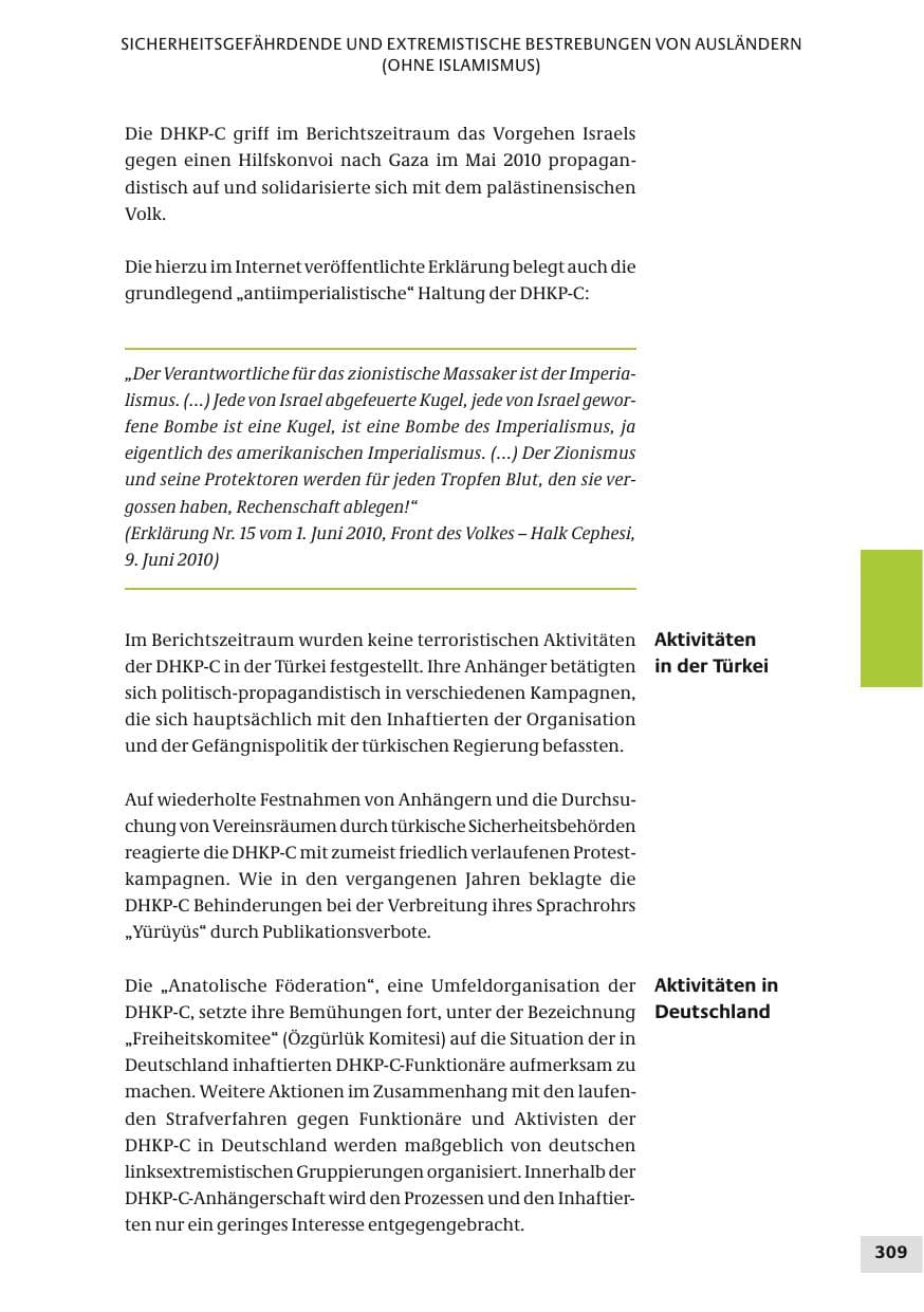 Seite 309 des Verfassungsschutzbericht 2010 Bund