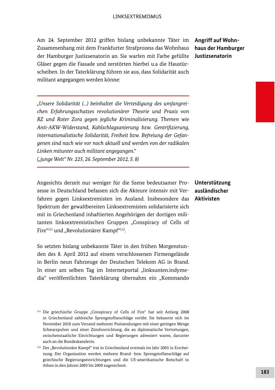 Seite 182 des Verfassungsschutzbericht 2012 Bund