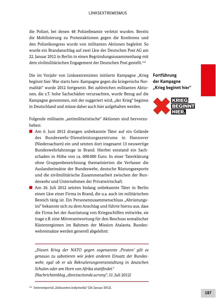 Seite 186 des Verfassungsschutzbericht 2012 Bund