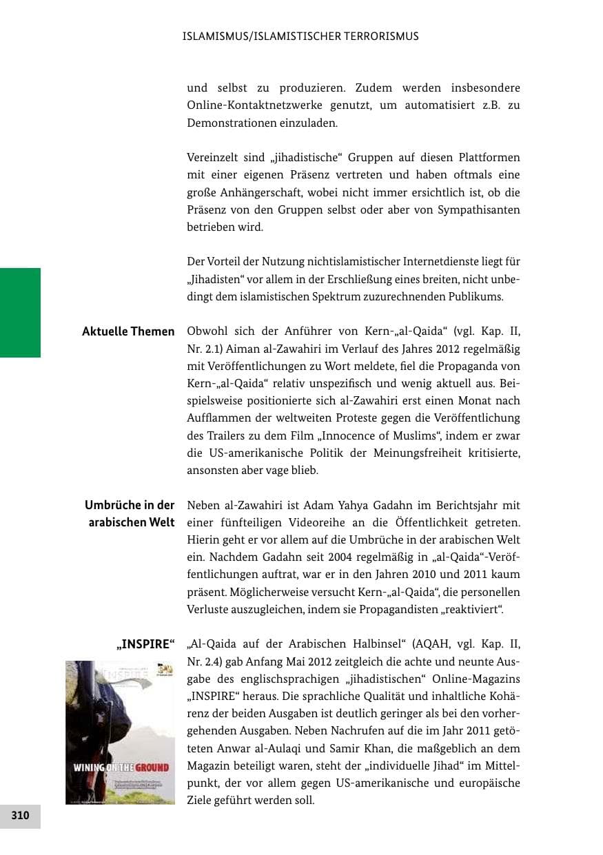 Seite 309 des Verfassungsschutzbericht 2012 Bund