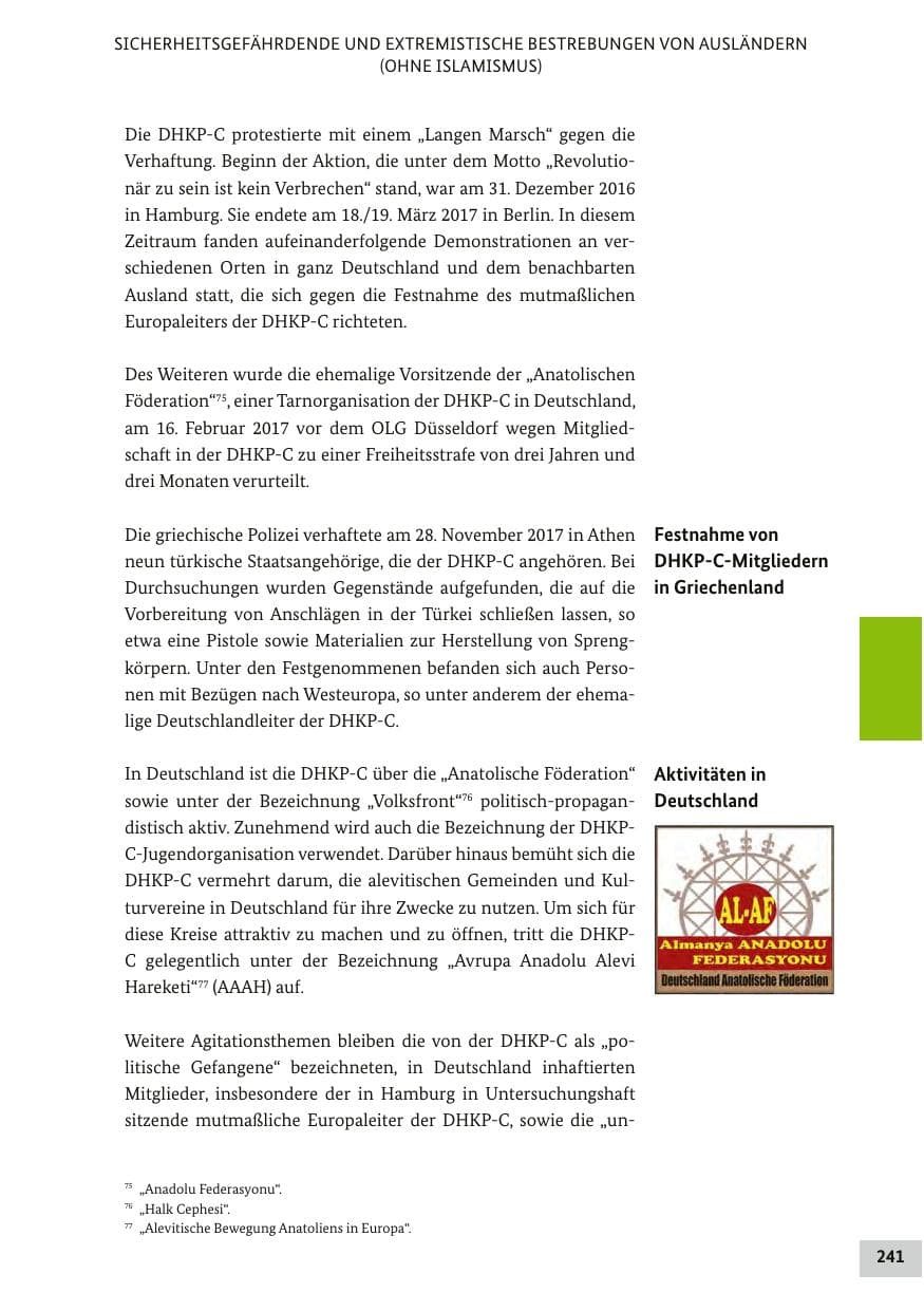 Seite 240 des Verfassungsschutzbericht 2017 Bund