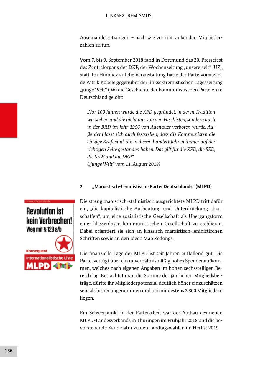 Seite 136 des Verfassungsschutzbericht 2018 Bund