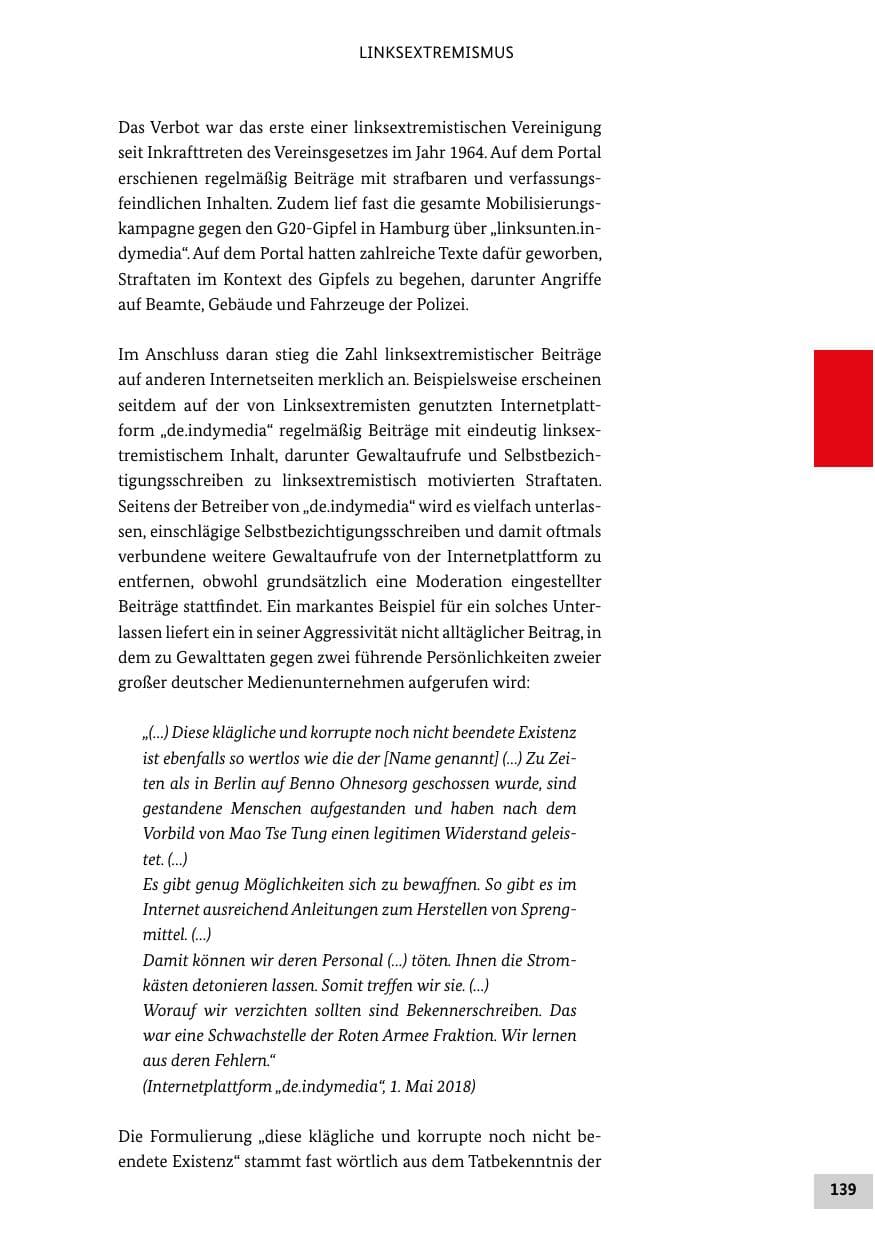 Seite 139 des Verfassungsschutzbericht 2018 Bund