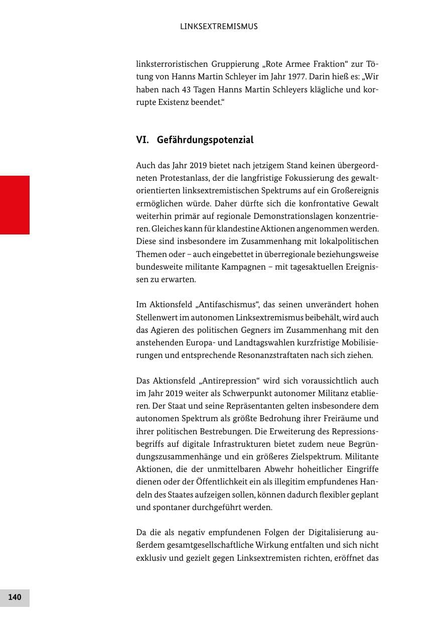 Seite 140 des Verfassungsschutzbericht 2018 Bund