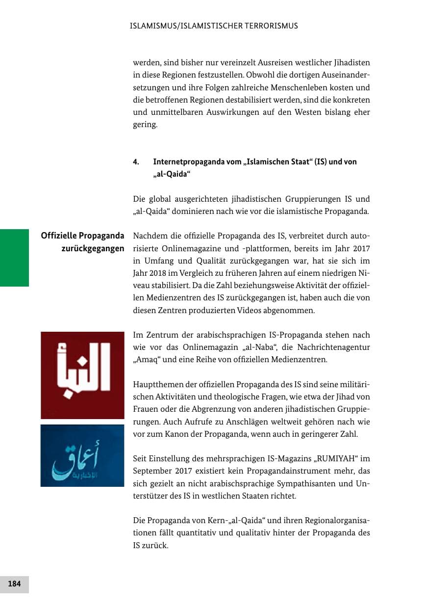 Seite 184 des Verfassungsschutzbericht 2018 Bund