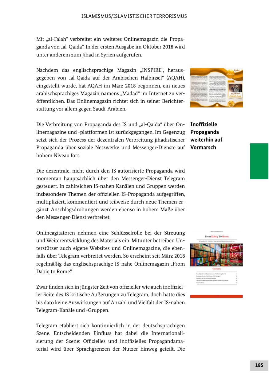 Seite 185 des Verfassungsschutzbericht 2018 Bund