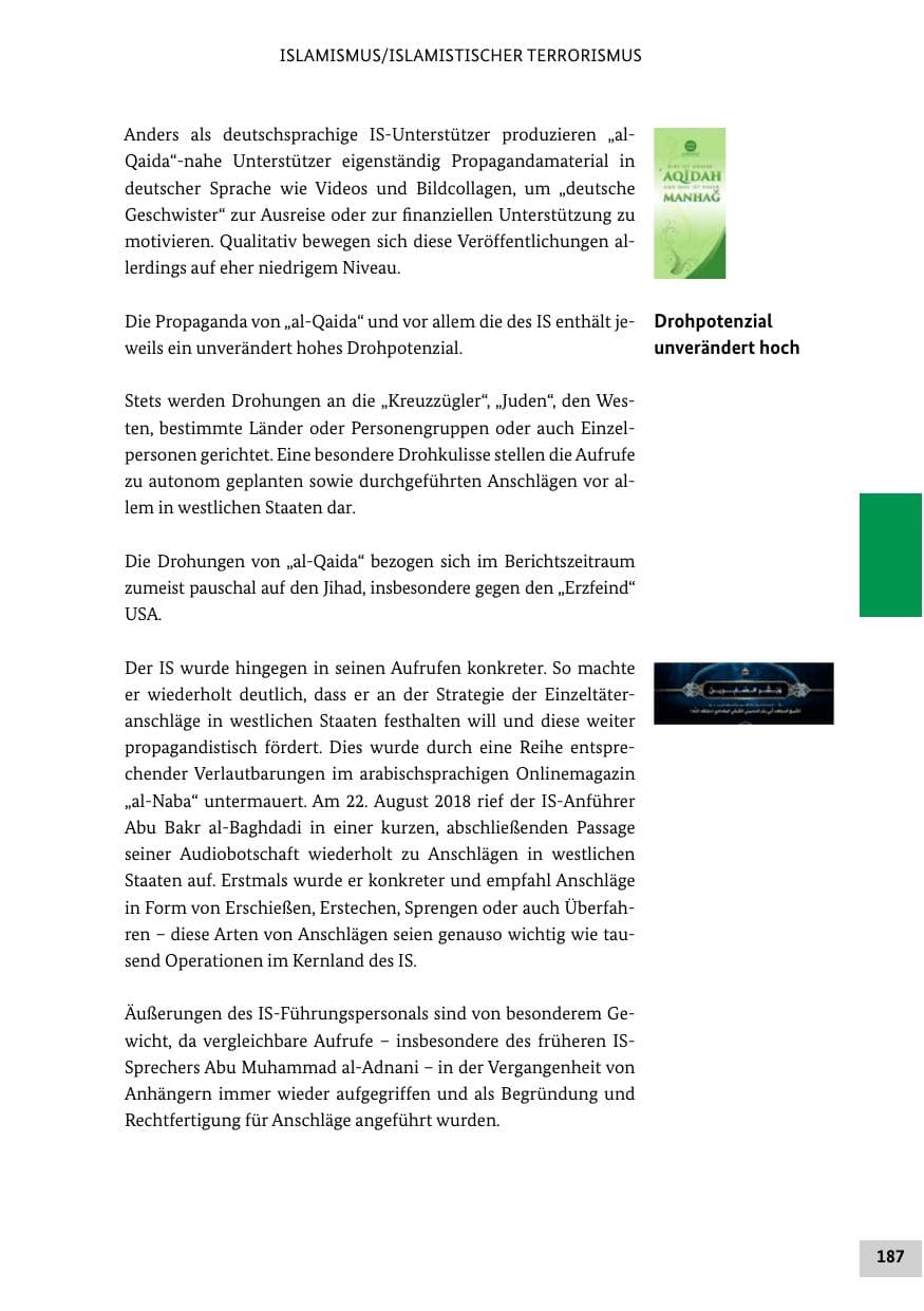 Seite 187 des Verfassungsschutzbericht 2018 Bund