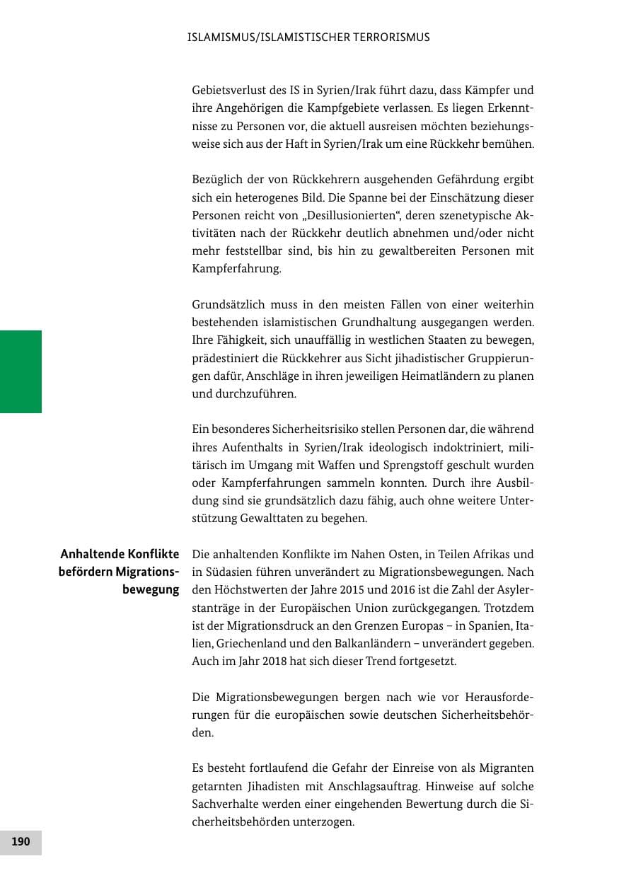 Seite 190 des Verfassungsschutzbericht 2018 Bund
