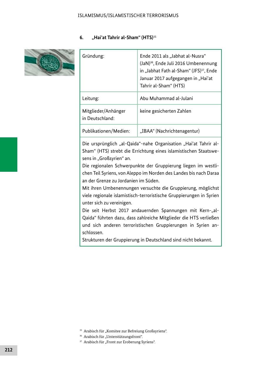Seite 212 des Verfassungsschutzbericht 2018 Bund