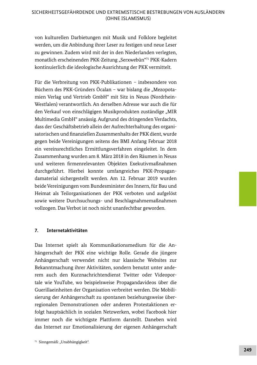 Seite 249 des Verfassungsschutzbericht 2018 Bund