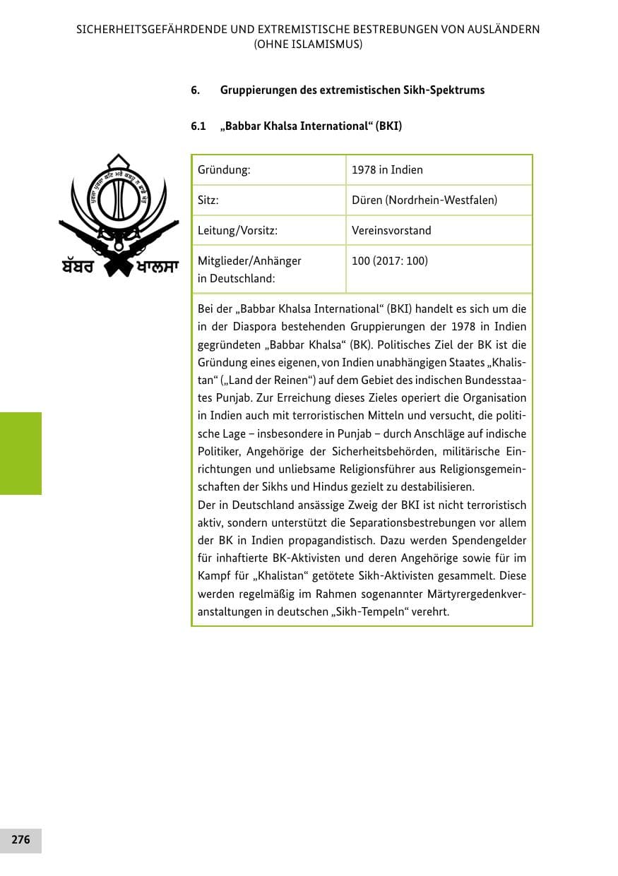 Seite 276 des Verfassungsschutzbericht 2018 Bund