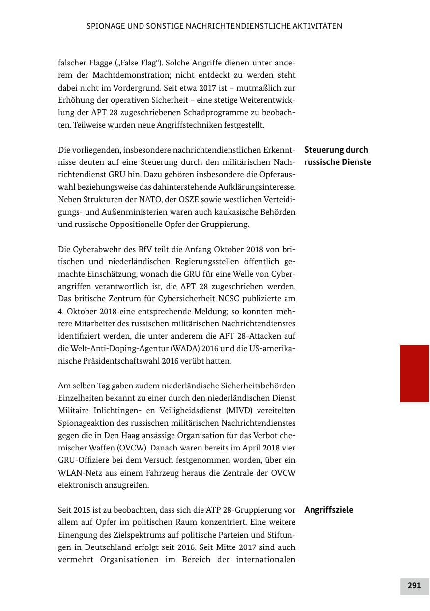 Seite 291 des Verfassungsschutzbericht 2018 Bund