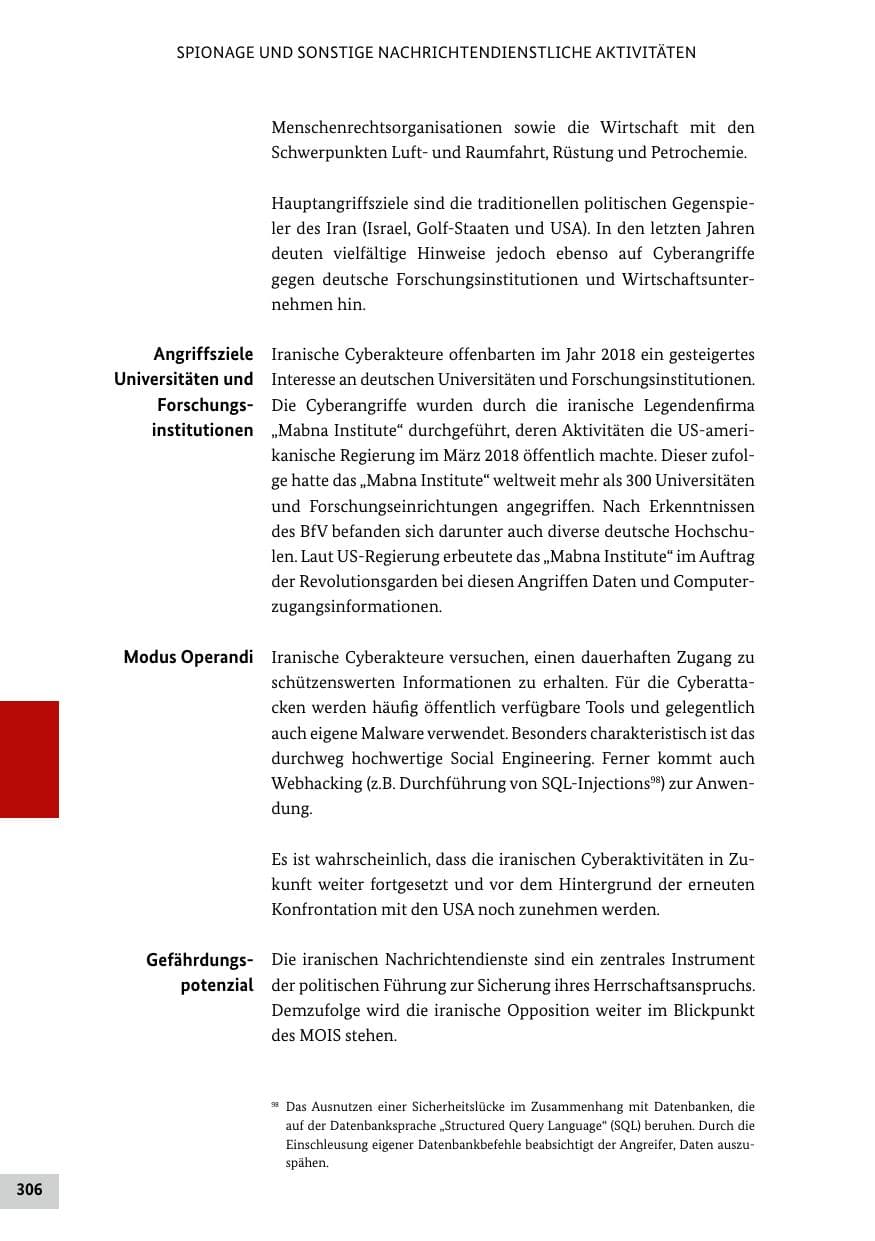 Seite 306 des Verfassungsschutzbericht 2018 Bund
