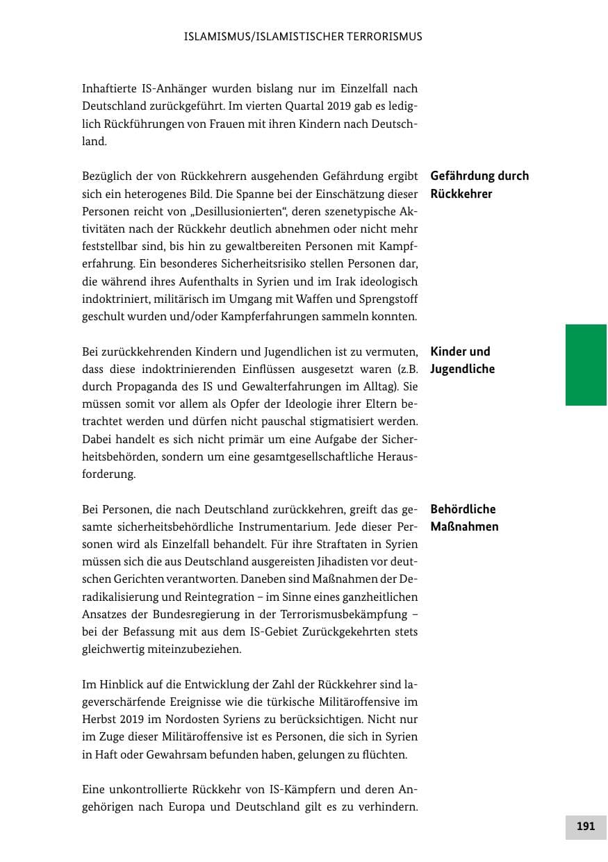 Seite 191 des Verfassungsschutzbericht 2019 Bund