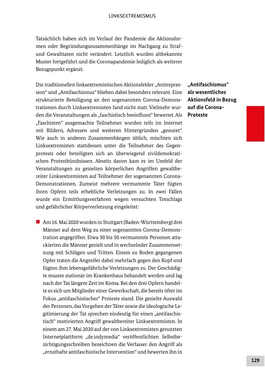 Seite 129 des Verfassungsschutzbericht 2020 Bund