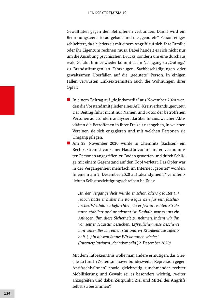 Seite 134 des Verfassungsschutzbericht 2020 Bund