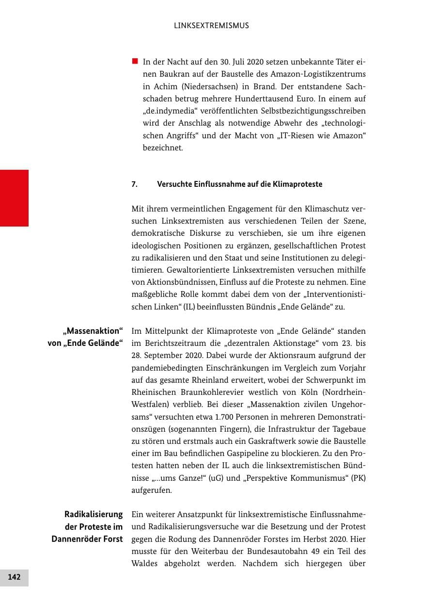 Seite 142 des Verfassungsschutzbericht 2020 Bund