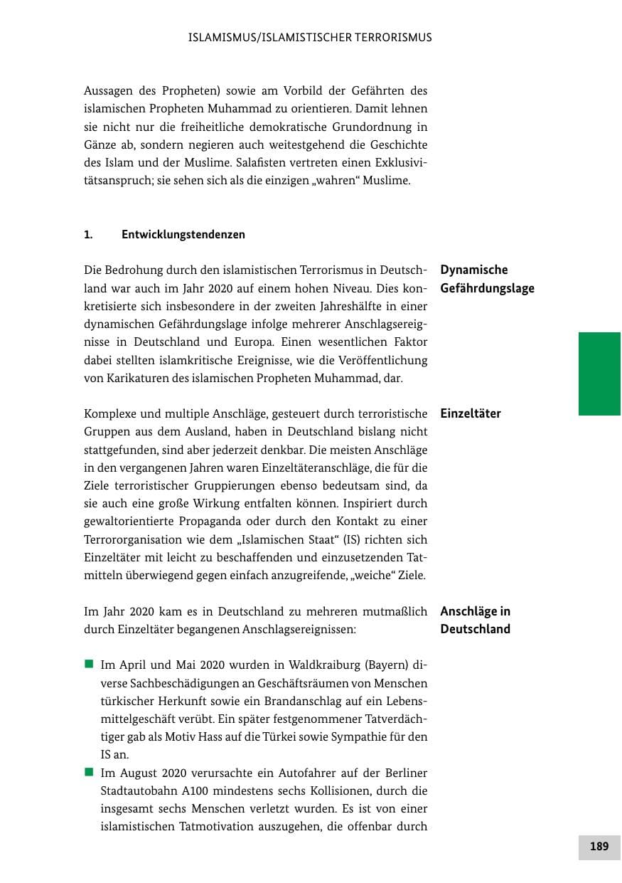 Seite 189 des Verfassungsschutzbericht 2020 Bund