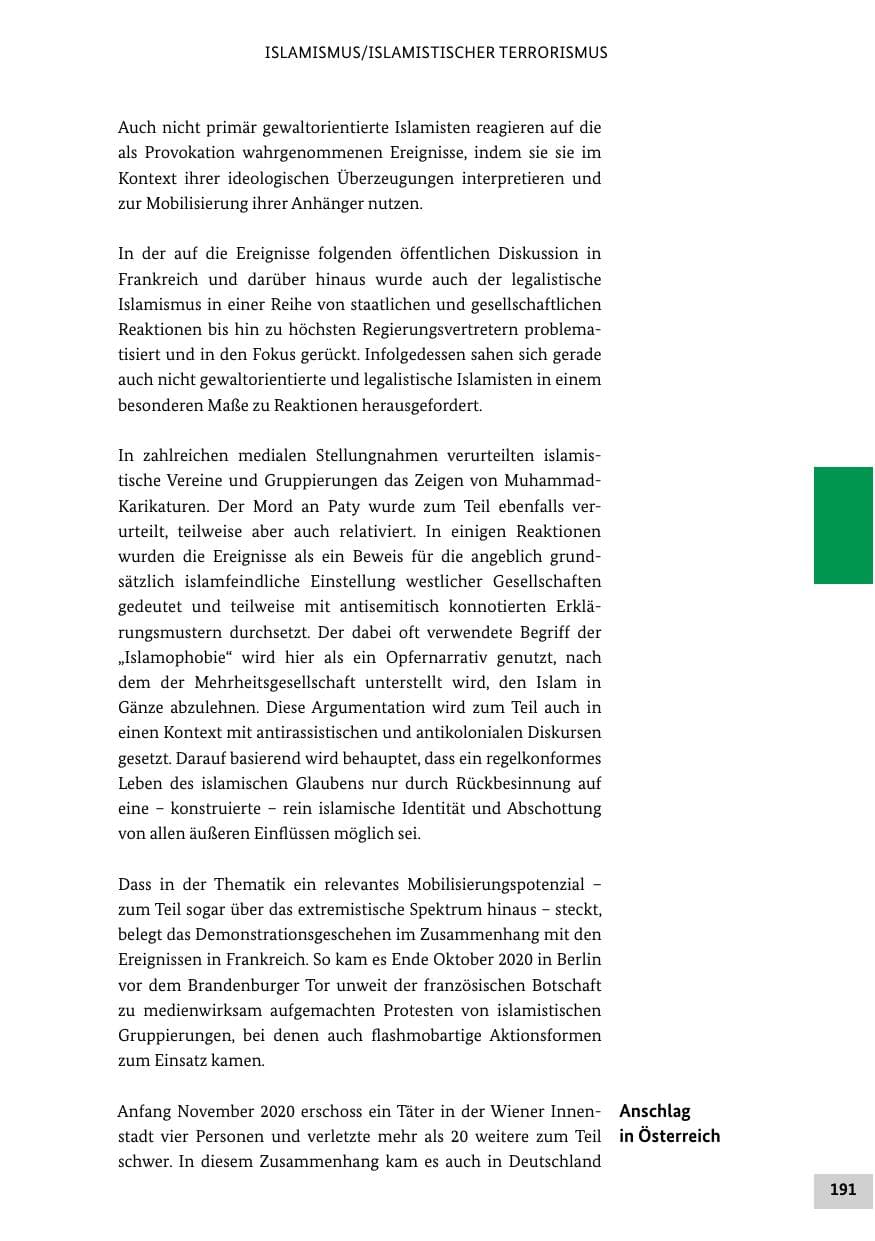 Seite 191 des Verfassungsschutzbericht 2020 Bund