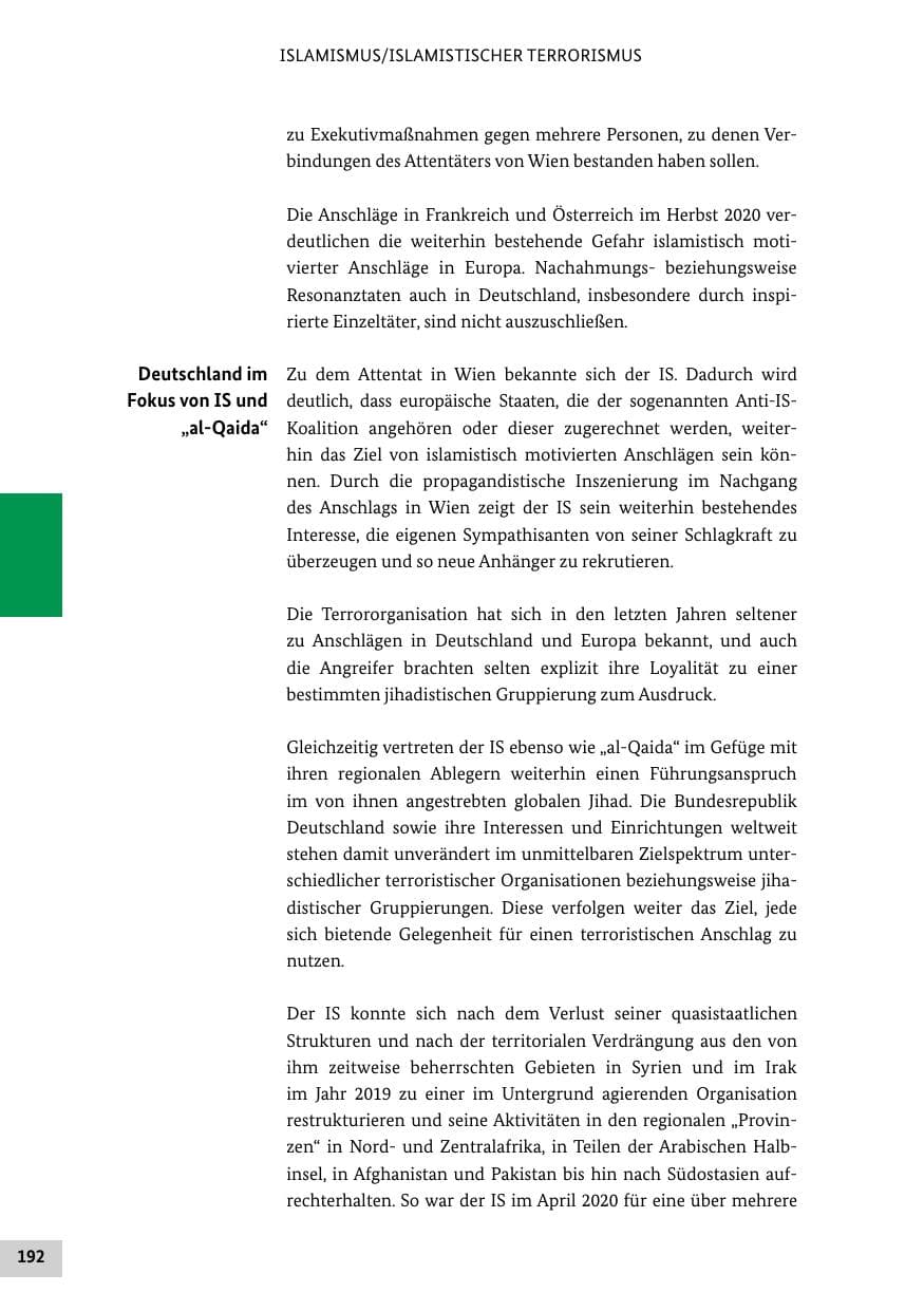 Seite 192 des Verfassungsschutzbericht 2020 Bund