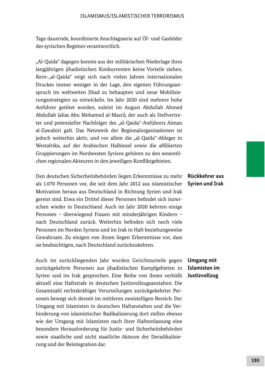 Seite 193 des Verfassungsschutzbericht 2020 Bund
