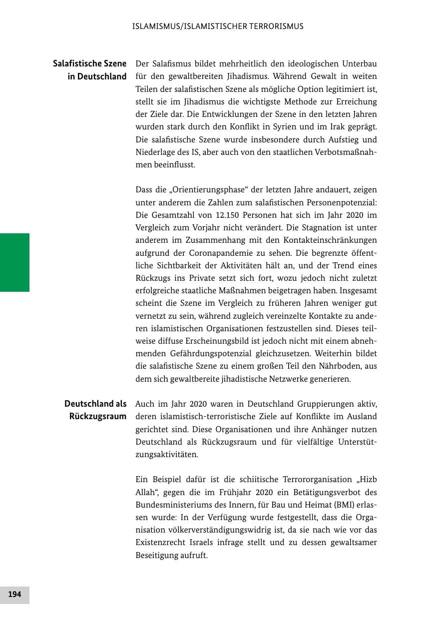Seite 194 des Verfassungsschutzbericht 2020 Bund