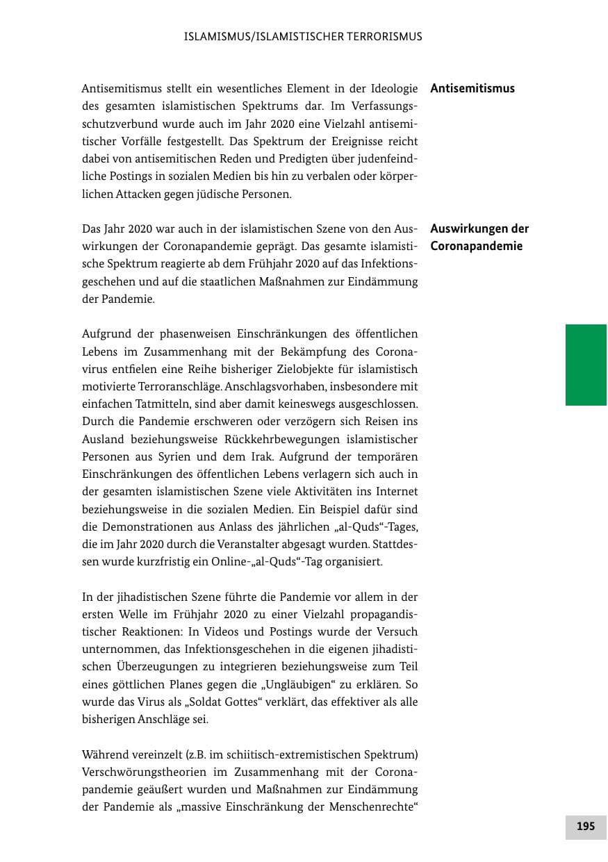Seite 195 des Verfassungsschutzbericht 2020 Bund