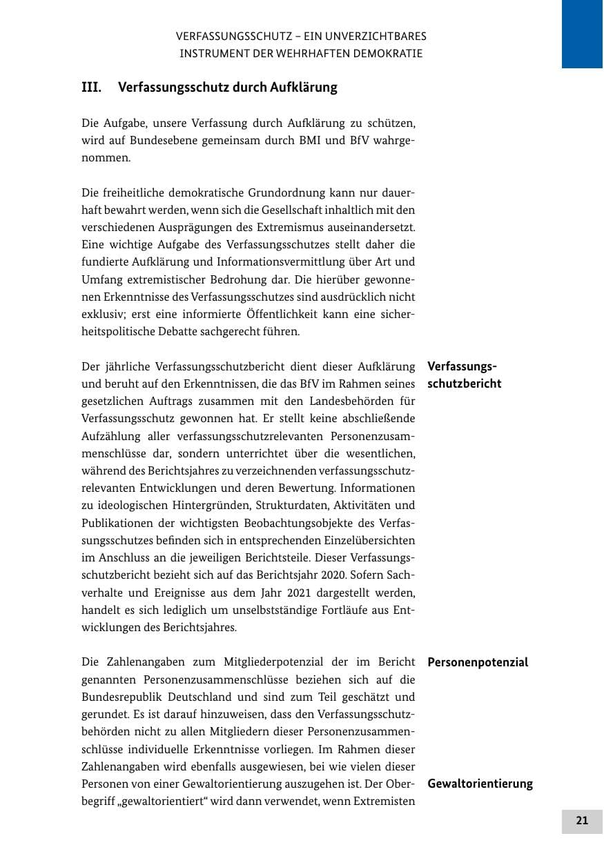 Seite 21 des Verfassungsschutzbericht 2020 Bund