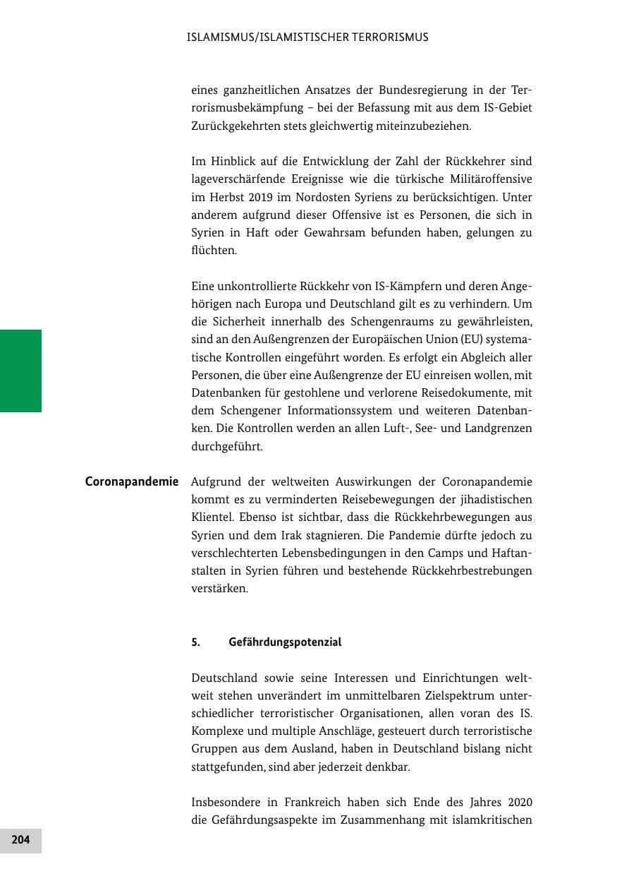 Seite 204 des Verfassungsschutzbericht 2020 Bund