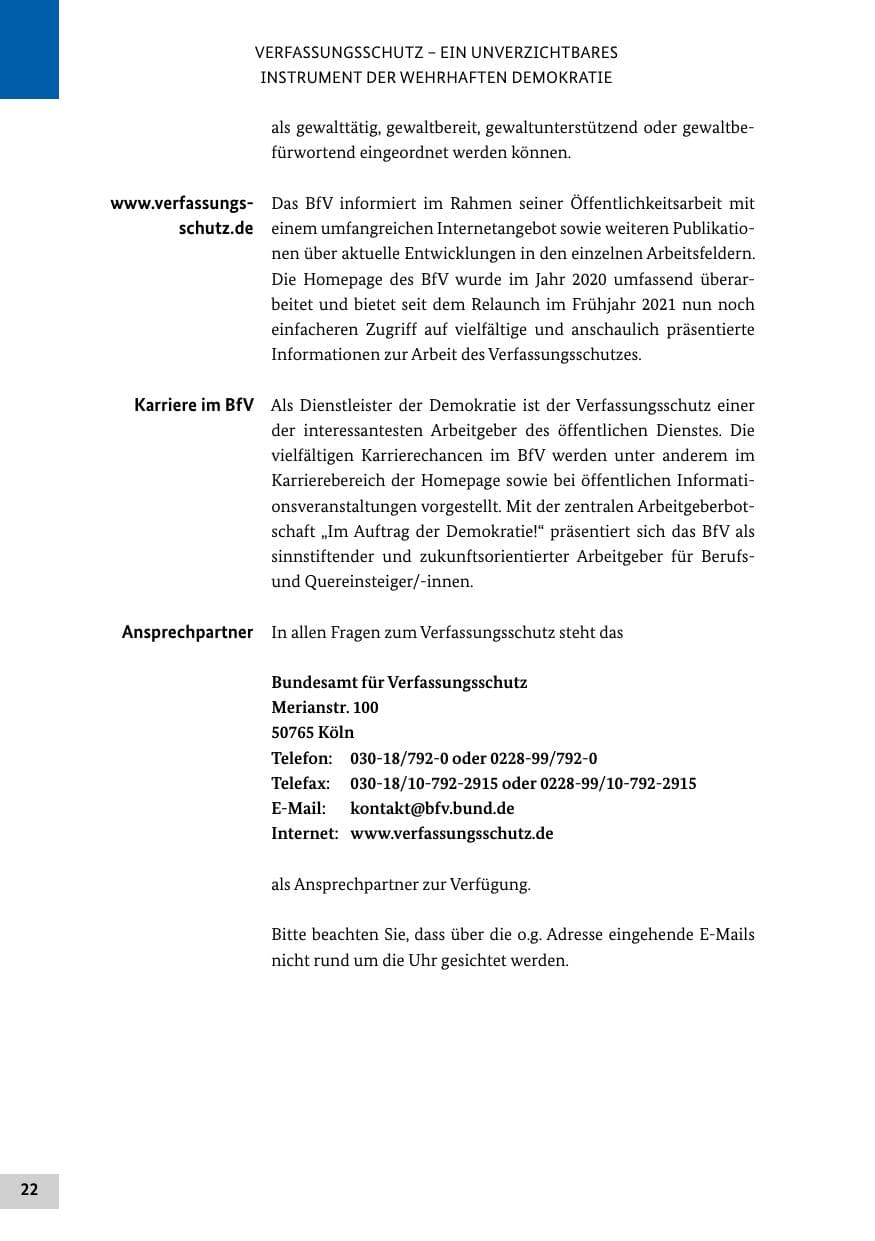 Seite 22 des Verfassungsschutzbericht 2020 Bund